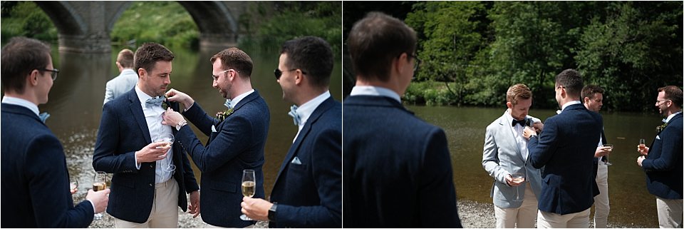 Groom getting ready, Buttonhole being attached